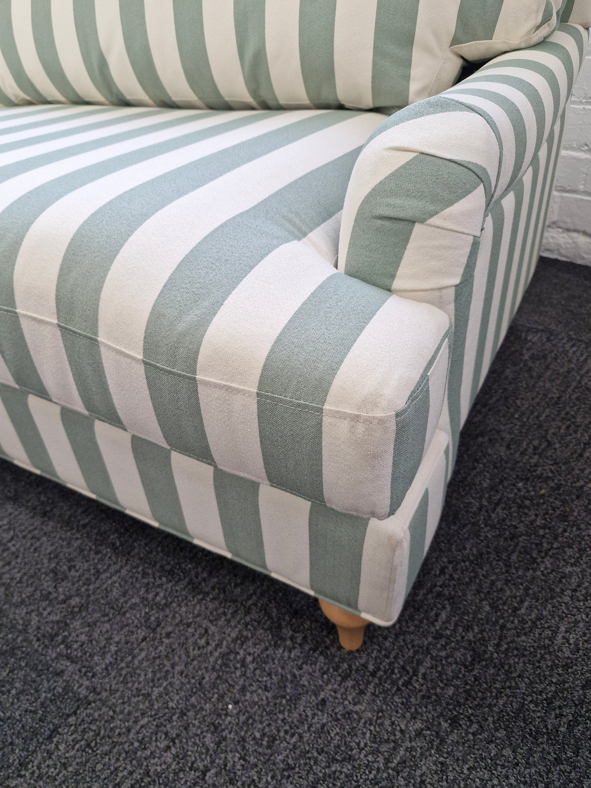 3 seater sofa- green and off white stripes