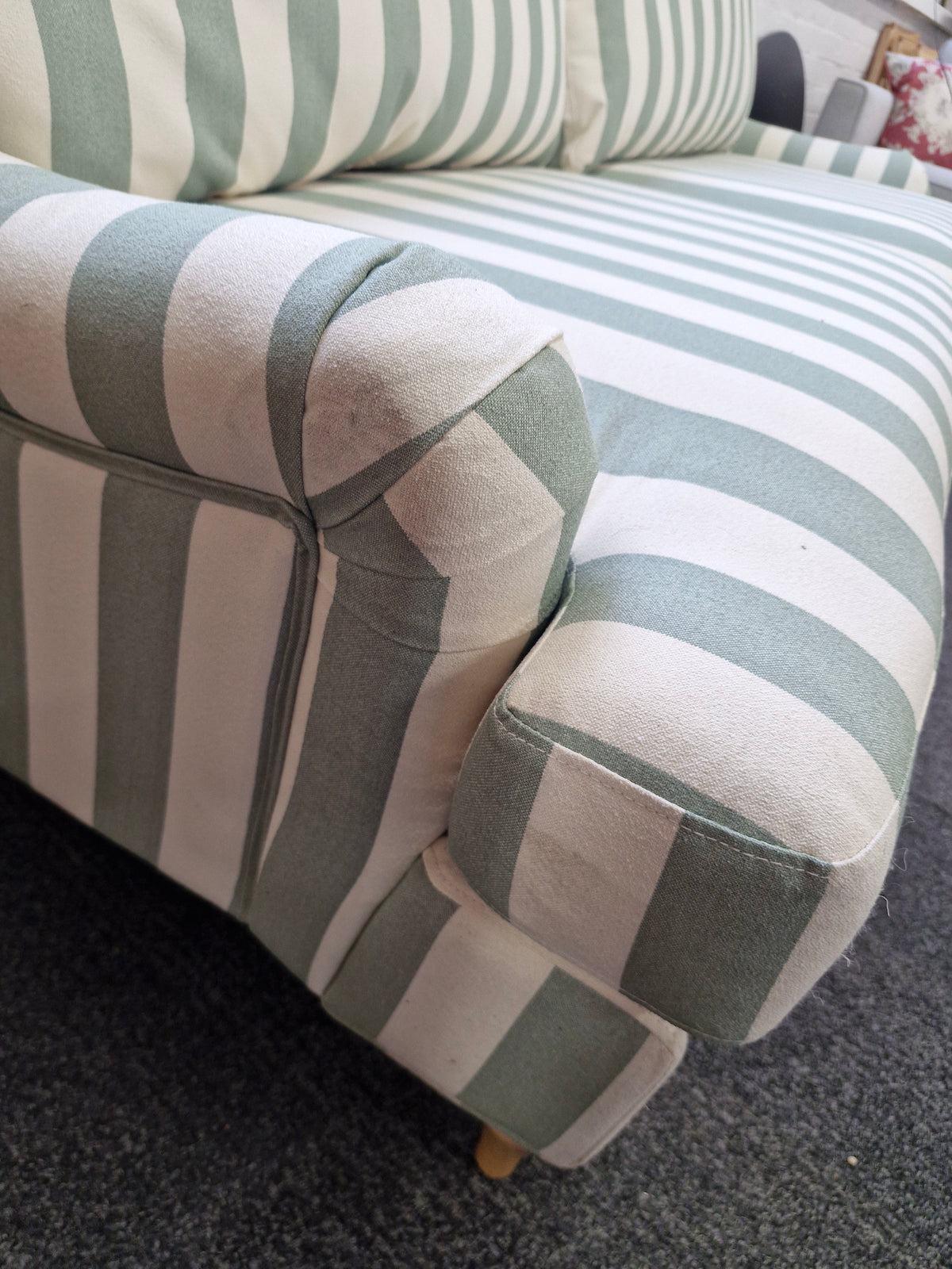 3 seater sofa- green and off white stripes