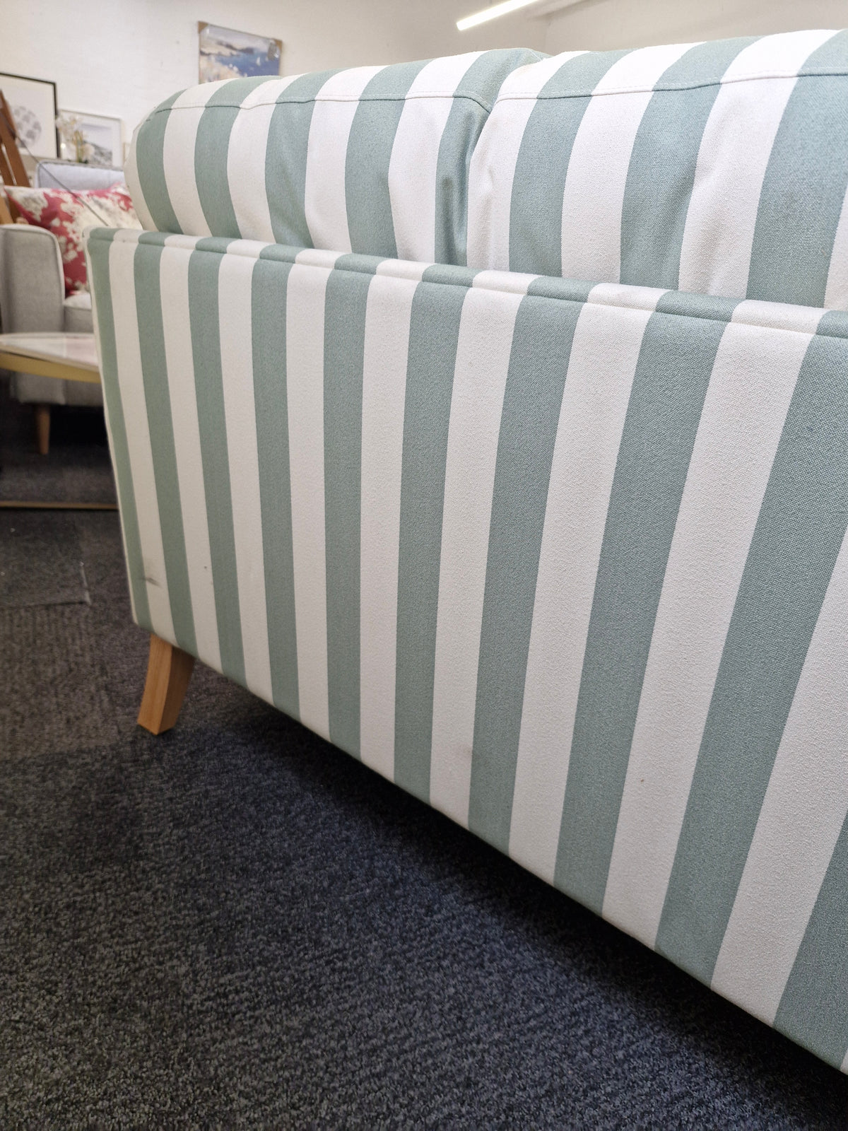 3 seater sofa- green and off white stripes