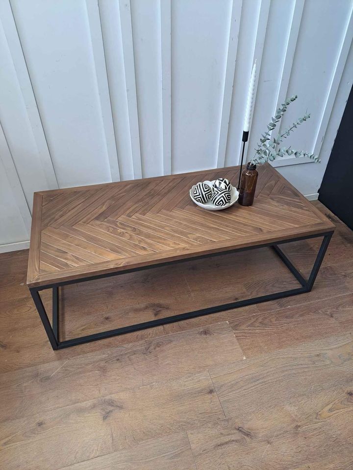 Herringbone parquet coffee table in solid pine and metal, ex-display at Exdi Furniture in Nottingham