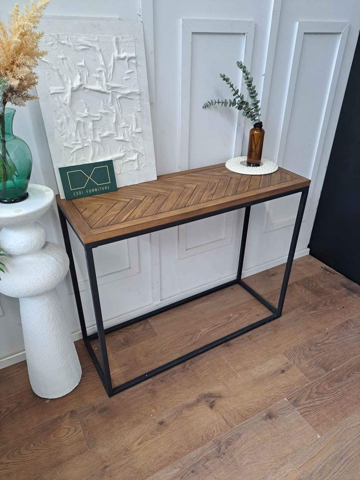Console Table Parquet Wood and Metal  ¦  Herringbone Style Solid Pine Top