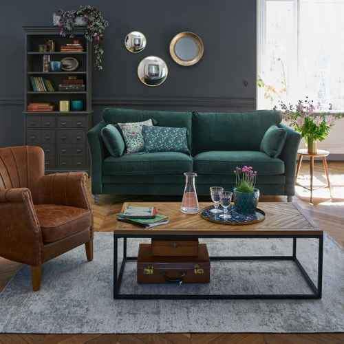 Coffee Table Herringbone Parquet, Solid Pine and Metal