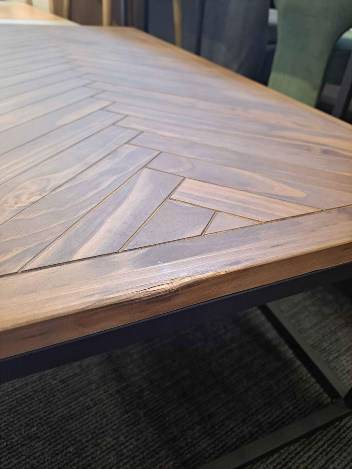 Coffee Table Herringbone Parquet, Solid Pine and Metal
