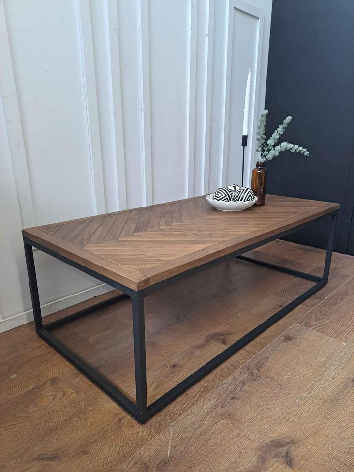 Coffee Table Herringbone Parquet, Solid Pine and Metal