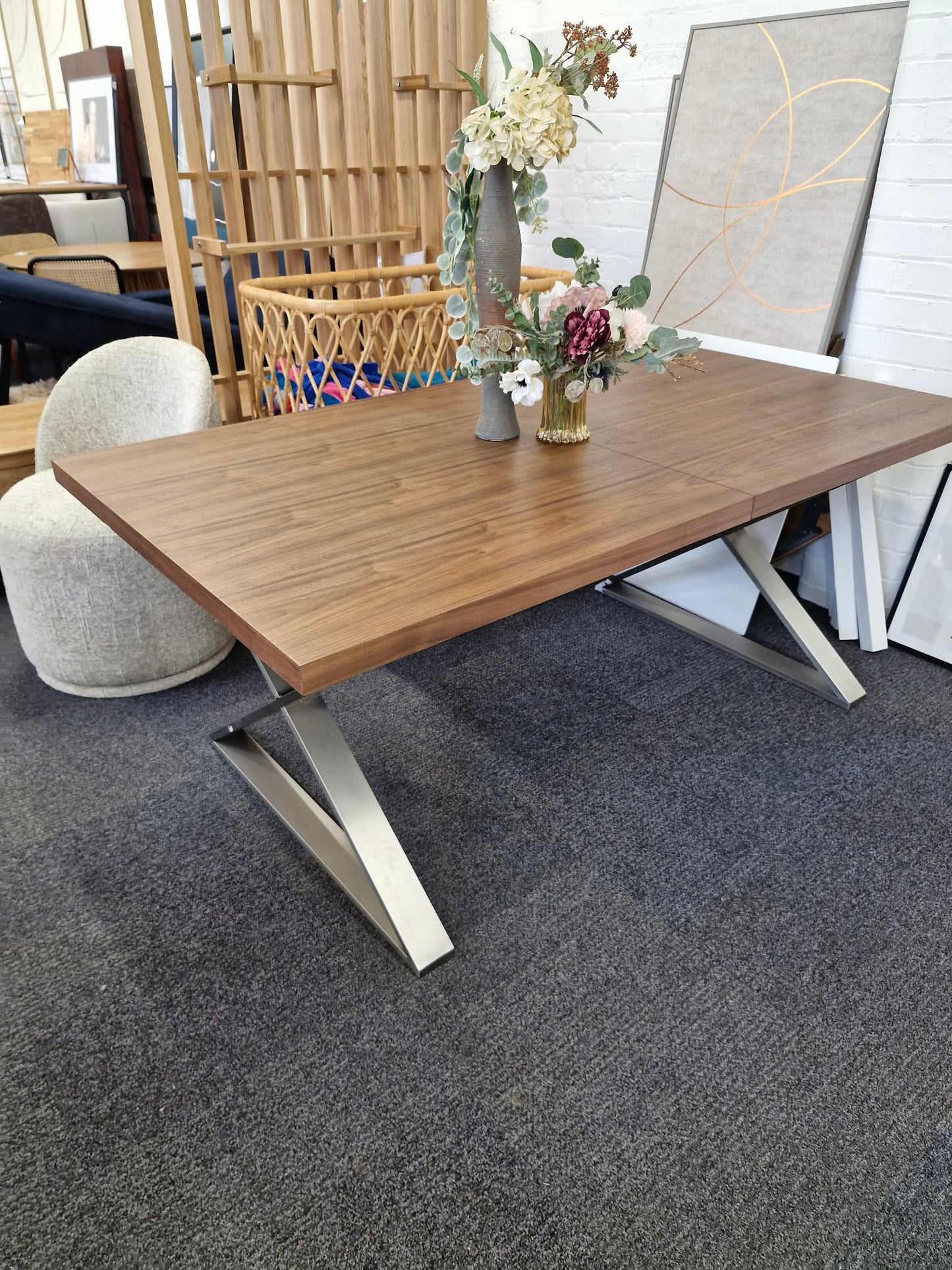 Walnut and Metal Large Extending Dining Table