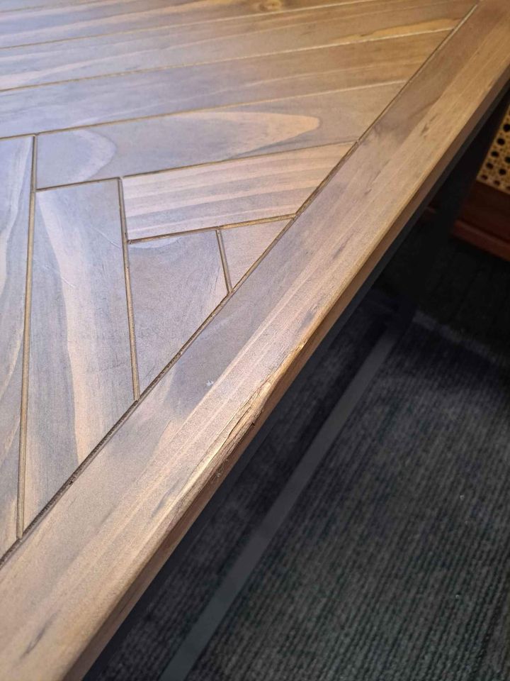 Coffee Table Herringbone Parquet, Solid Pine and Metal