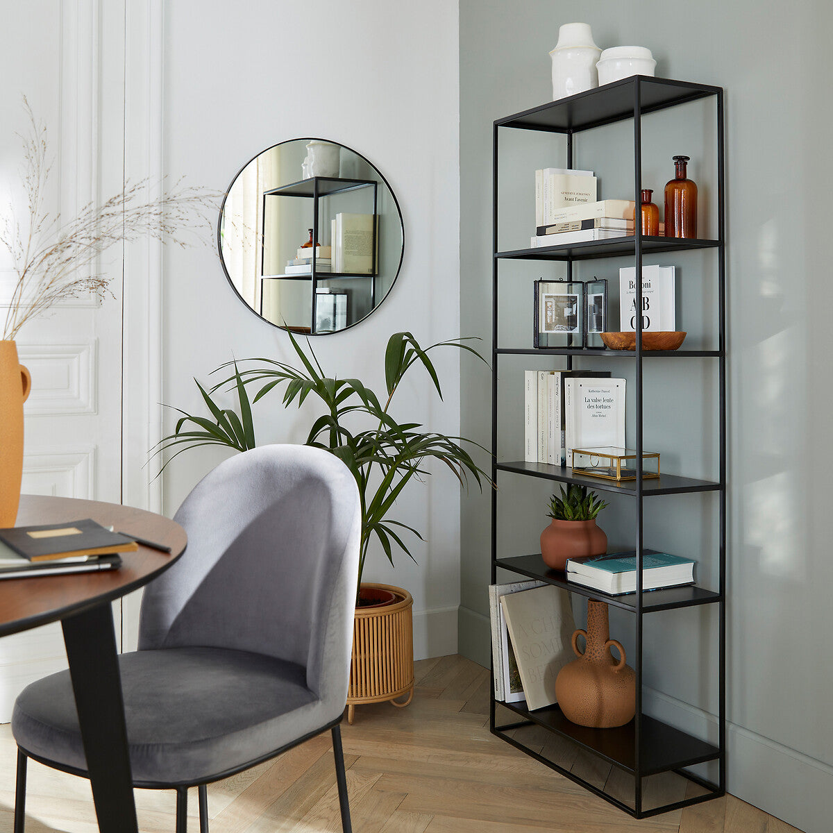 High and Narrow Black Metal Bookcase / Display Unit