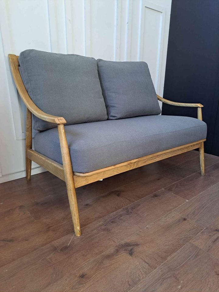 Double Solid Wood and Grey Linen Sofa ¦  Ercol Style