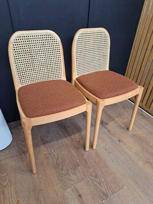 Dining Chairs Oak, Rattan and Boucle Burned Orange
