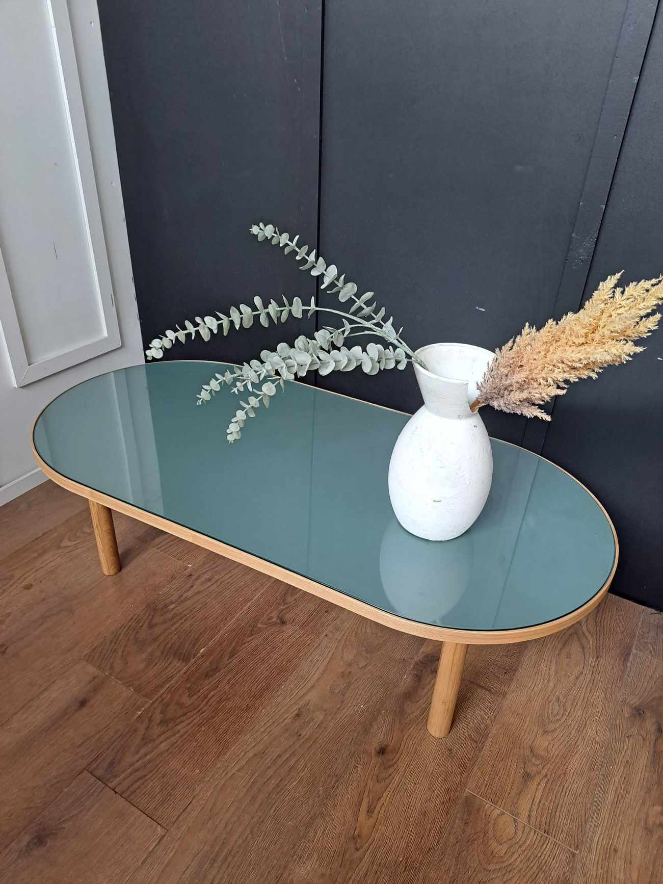 Oval Coffee Table ¦ Glass Green And Wood Exdifurniture