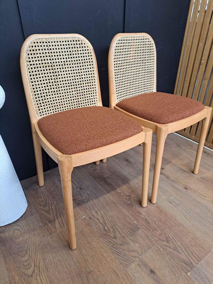 Dining Chairs Oak, Rattan and Boucle Burned Orange