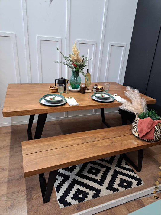 Dining Set- Solid Wood and Black Metal Dining Table and Bench Set