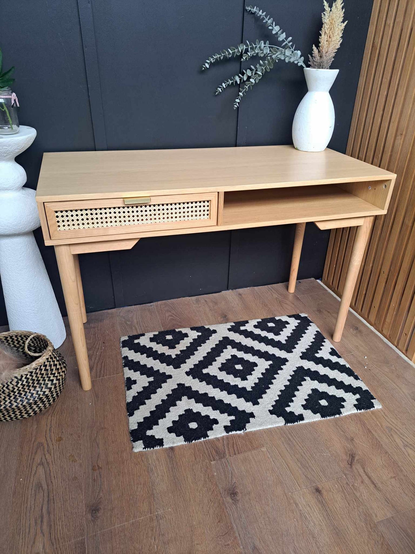 Oak Desk with Rattan and Gold Drawer