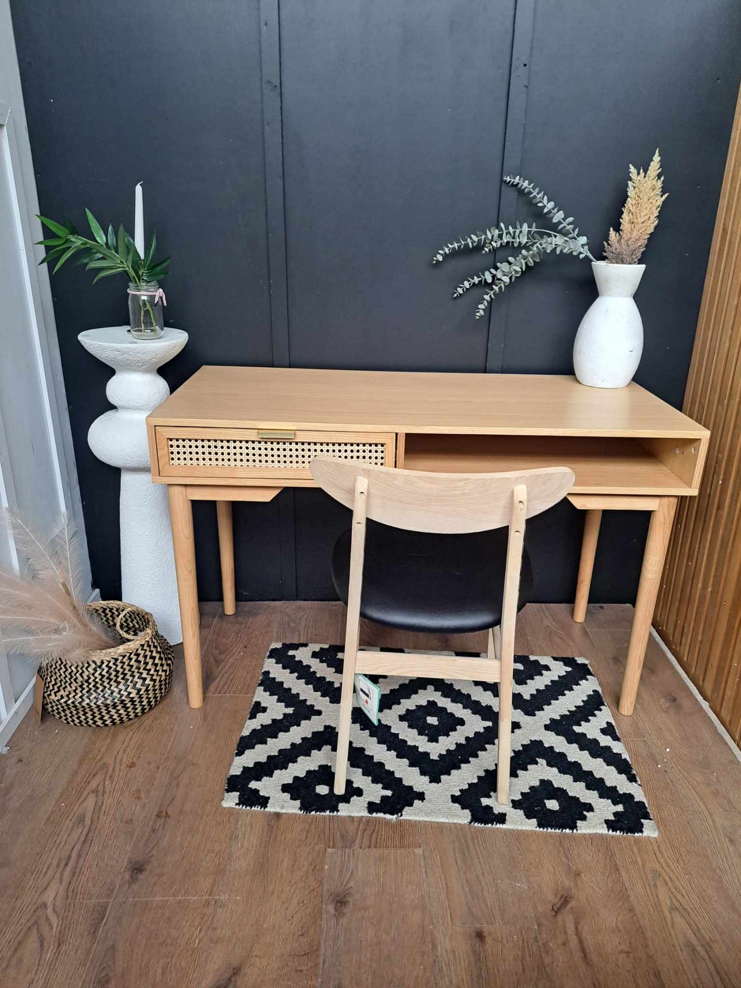 Oak Desk with Rattan and Gold Drawer