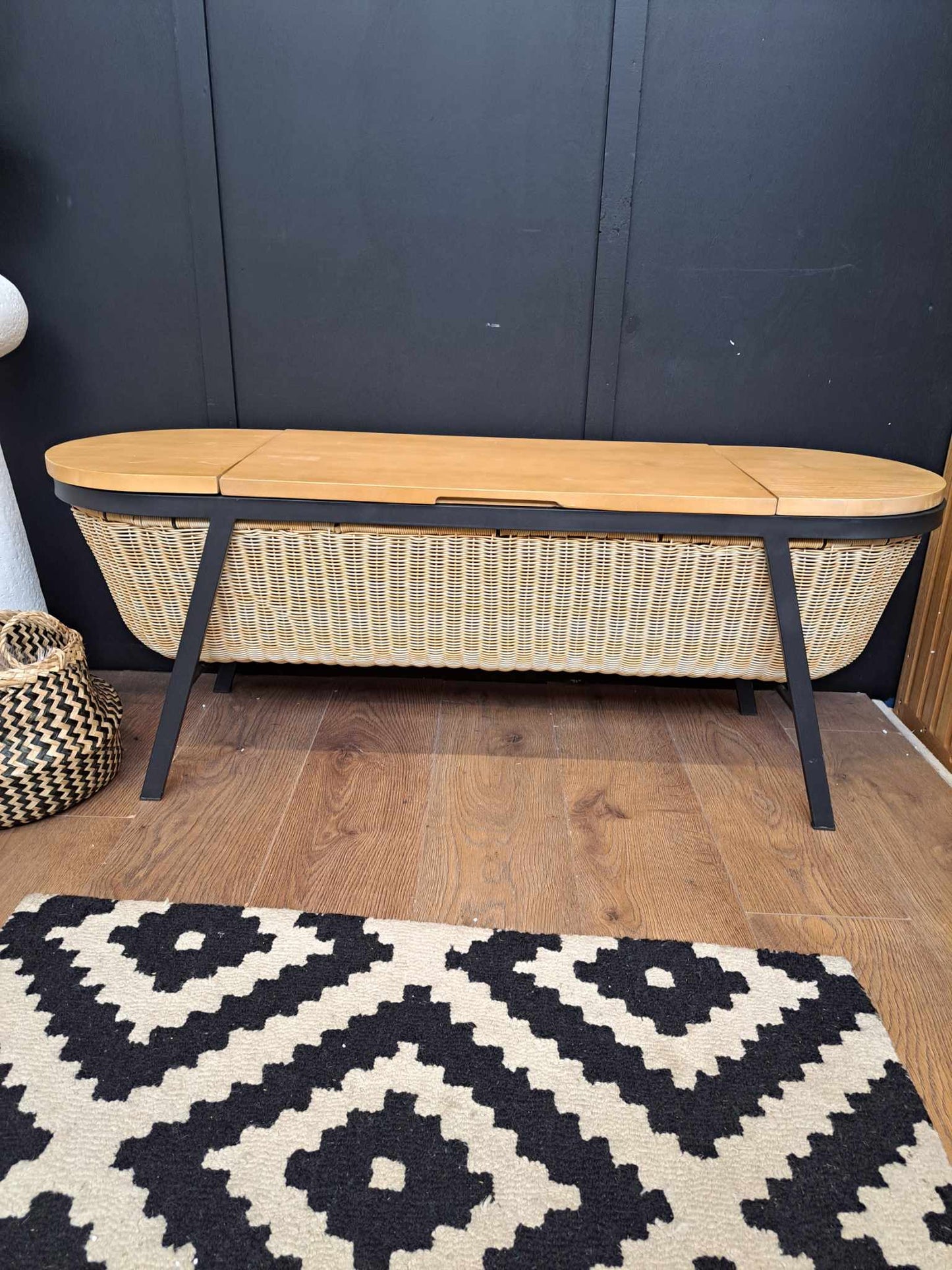 Storage Bench Solid Wood, Metal and Rattan