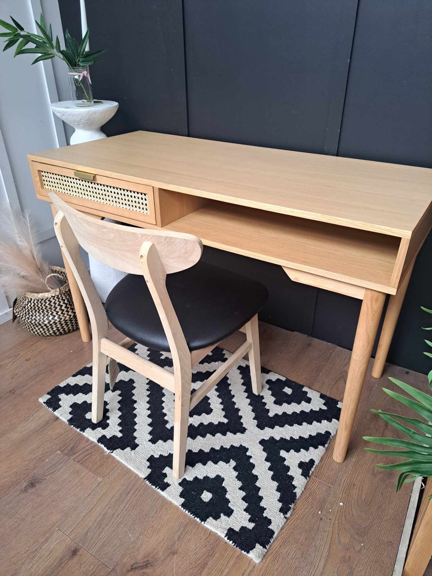 Oak Desk with Rattan and Gold Drawer