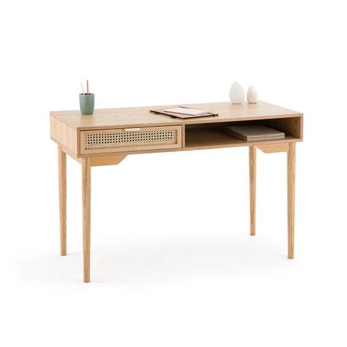 Oak Desk with Rattan and Gold Drawer