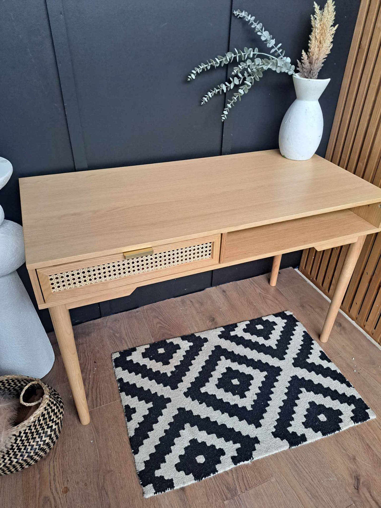 Oak Desk with Rattan and Gold Drawer