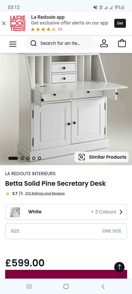 Desk Bureau Secretary White Solid Pine Wood