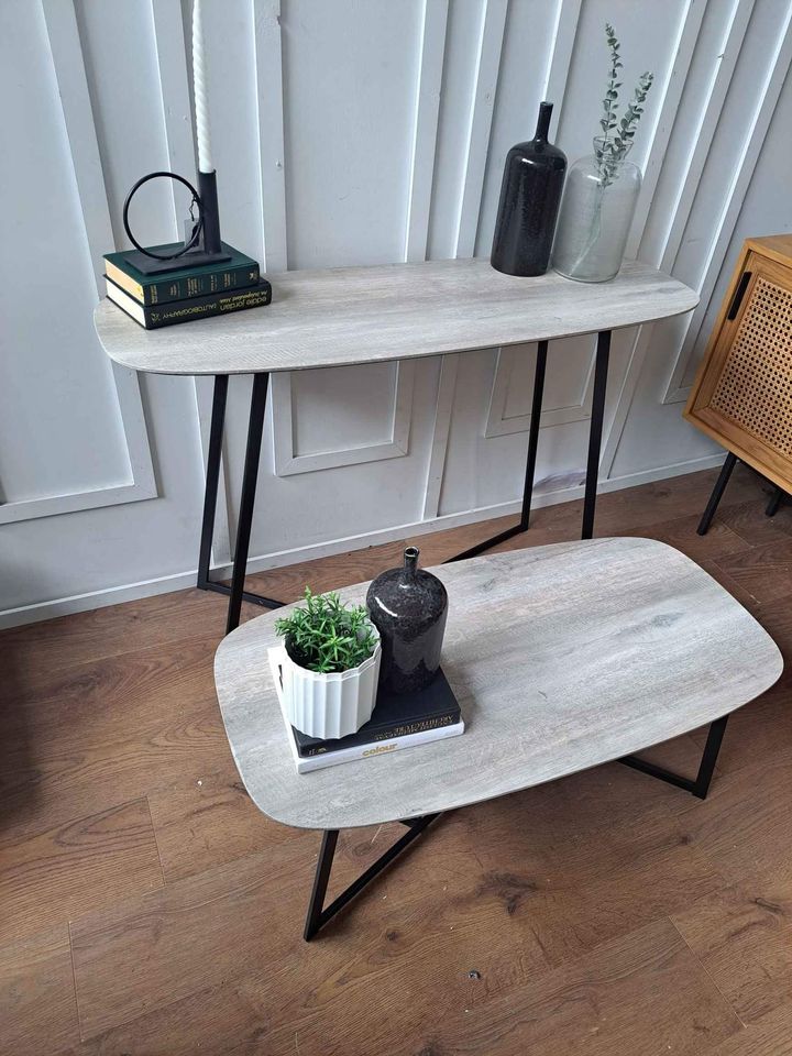 Set of Console and Coffee tables / Grey Wood Effect and Black Metal