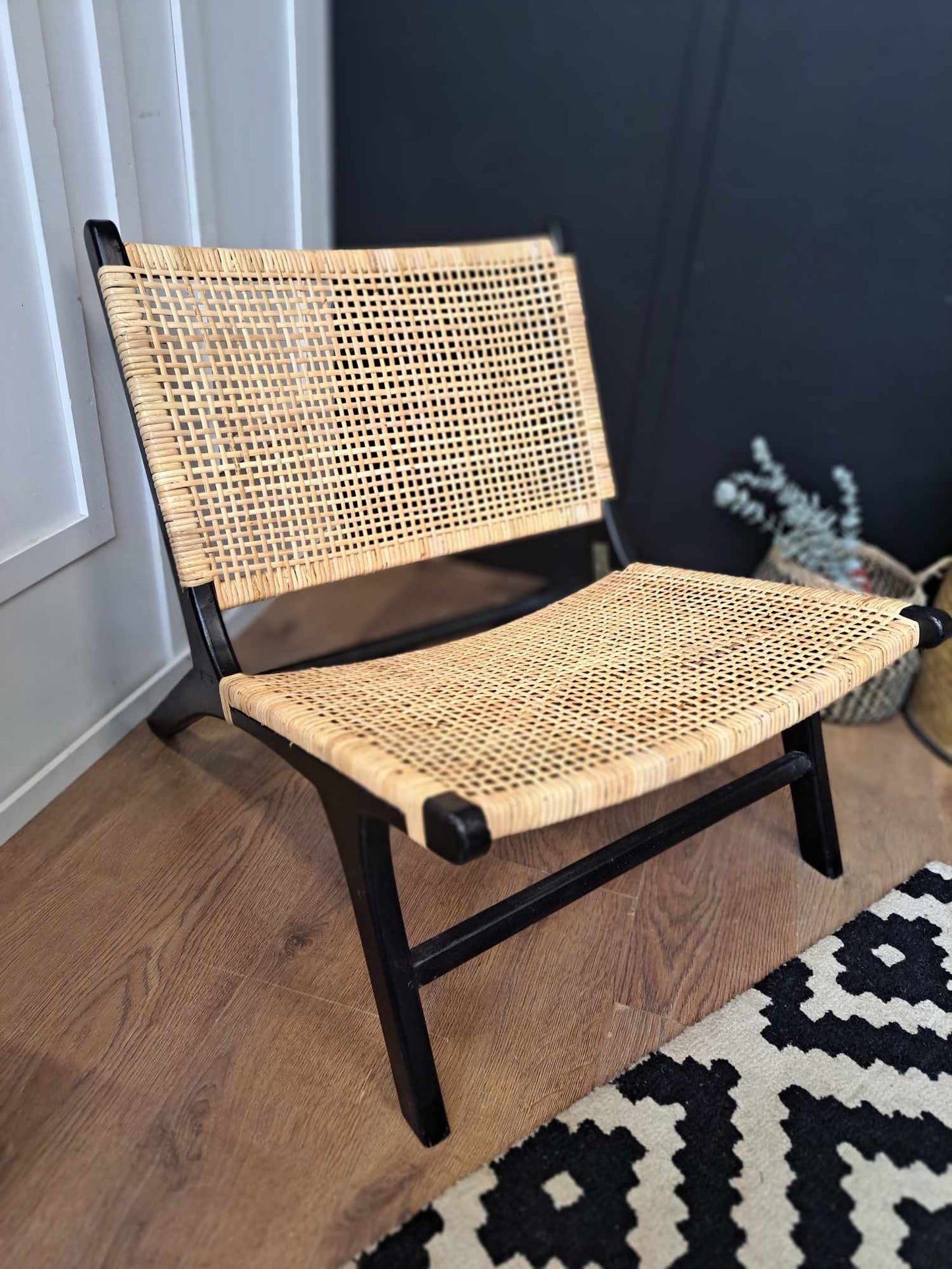 Rattan and Black Accent Chair / Low Lounge Chair