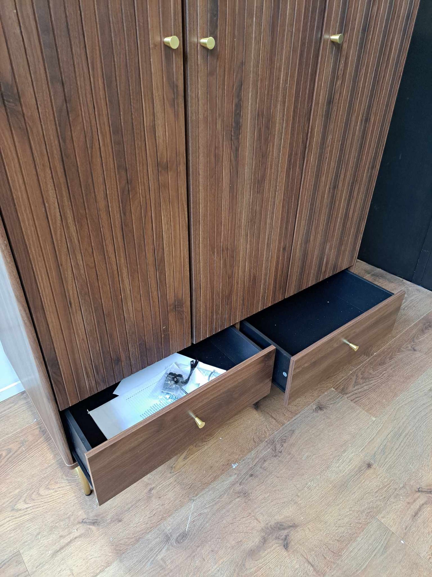 Walnut and Gold Triple Wardrobe / Slatted Ridged Door and Brass