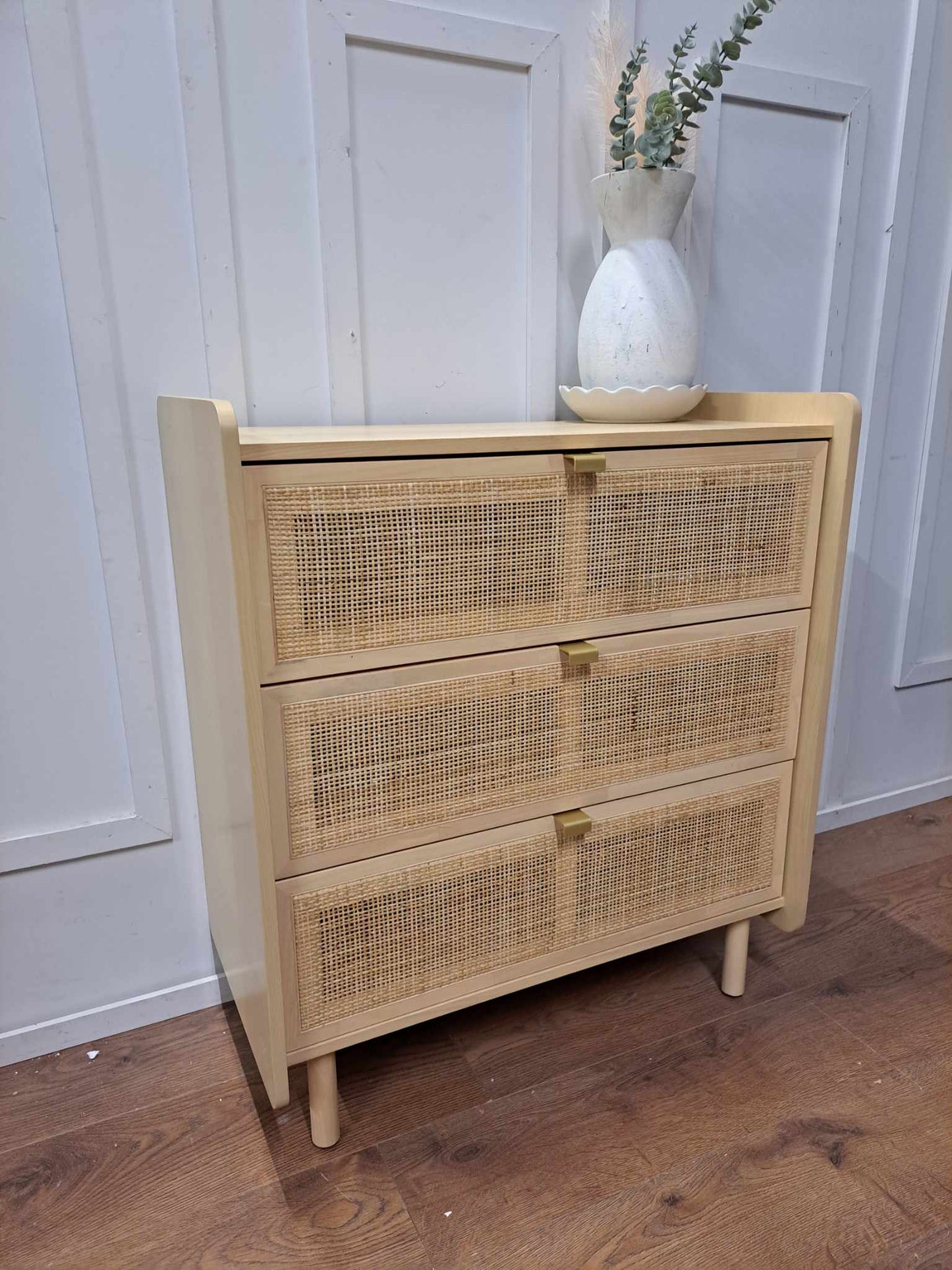 Chest of 3 Drawers Oak and Rattan
