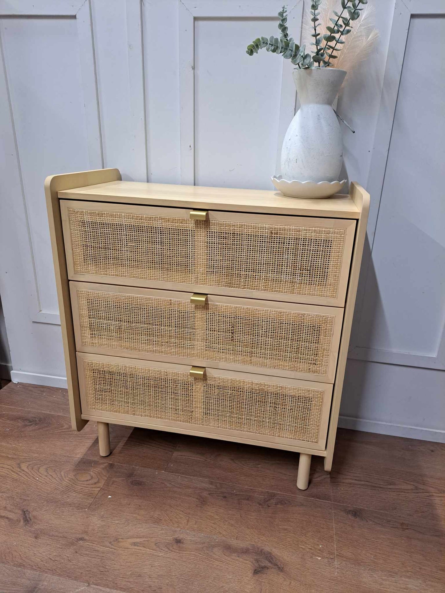Chest of 3 Drawers Oak and Rattan