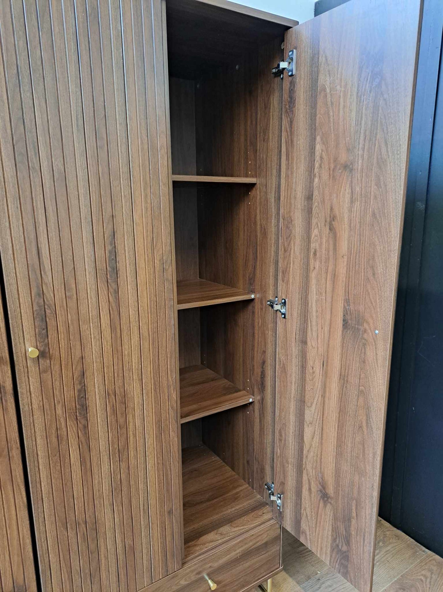 Walnut and Gold Triple Wardrobe / Slatted Ridged Door and Brass