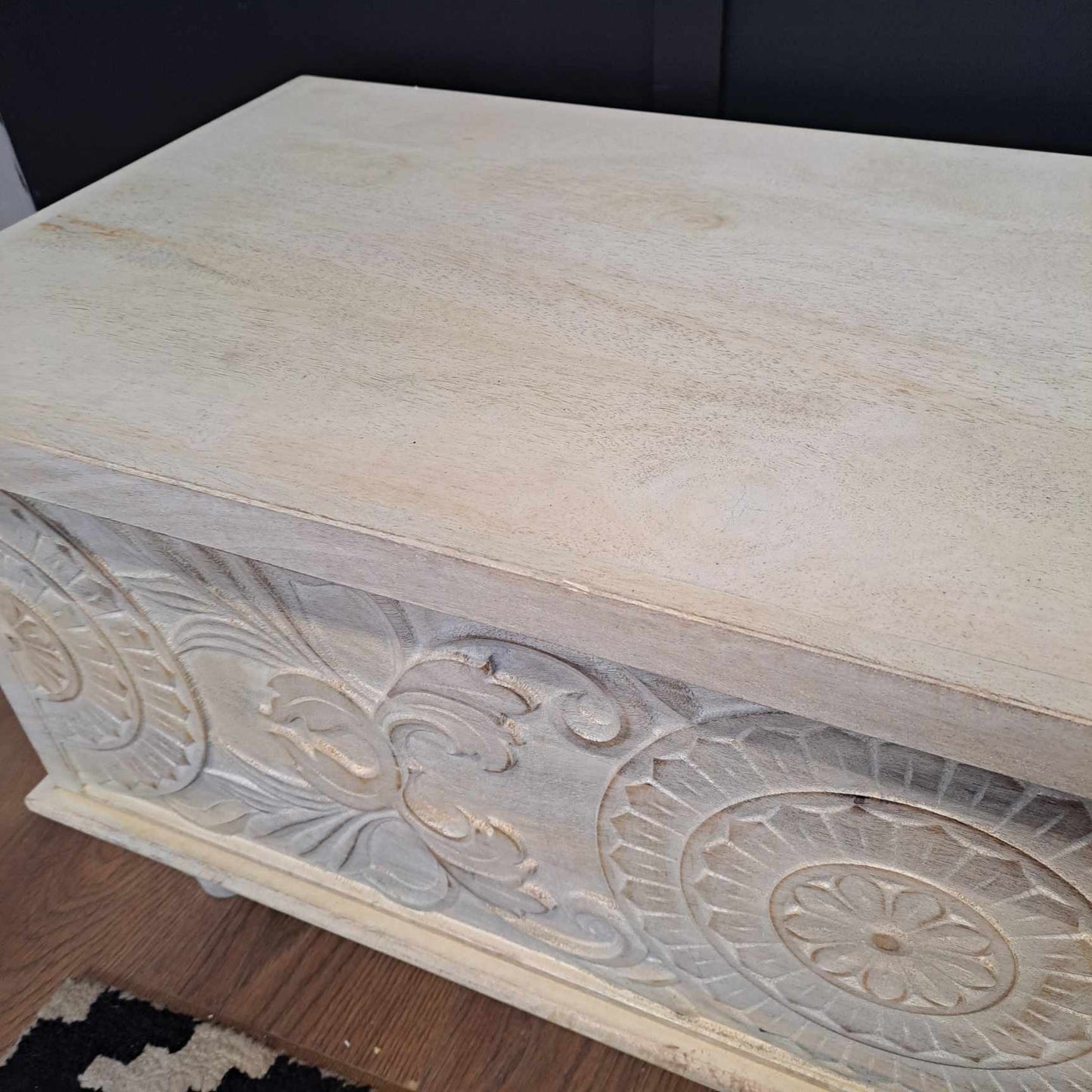 Solid Wood Carved Storage Chest / Washed White Acadia Wood Bench