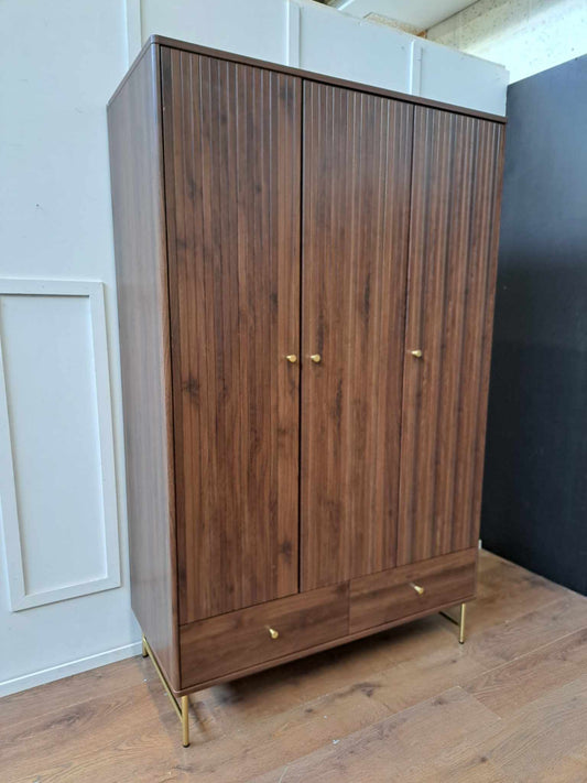 Walnut and Gold Triple Wardrobe / Slatted Ridged Door and Brass