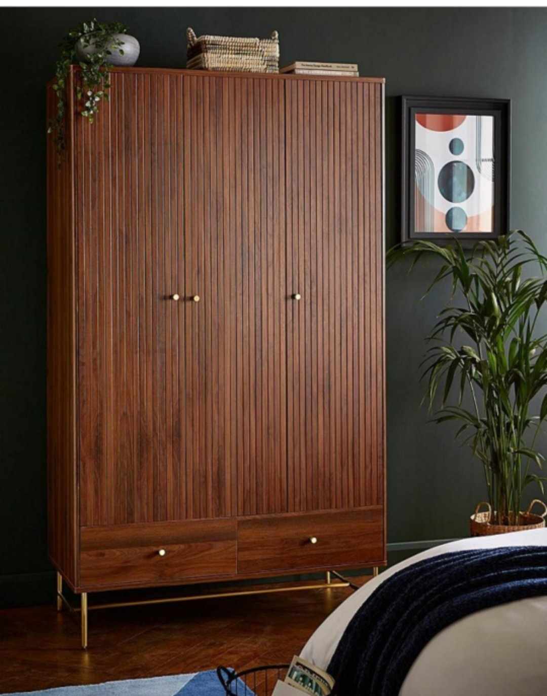 Walnut and Gold Triple Wardrobe / Slatted Ridged Door and Brass