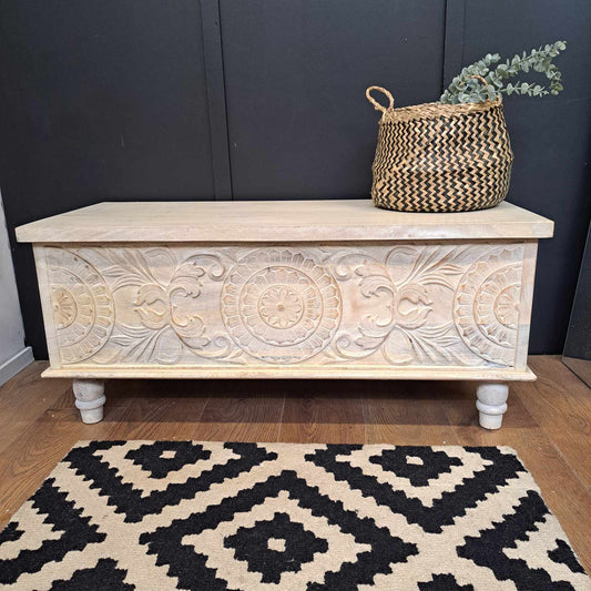 Solid Wood Carved Storage Chest / Washed White Acadia Wood Bench