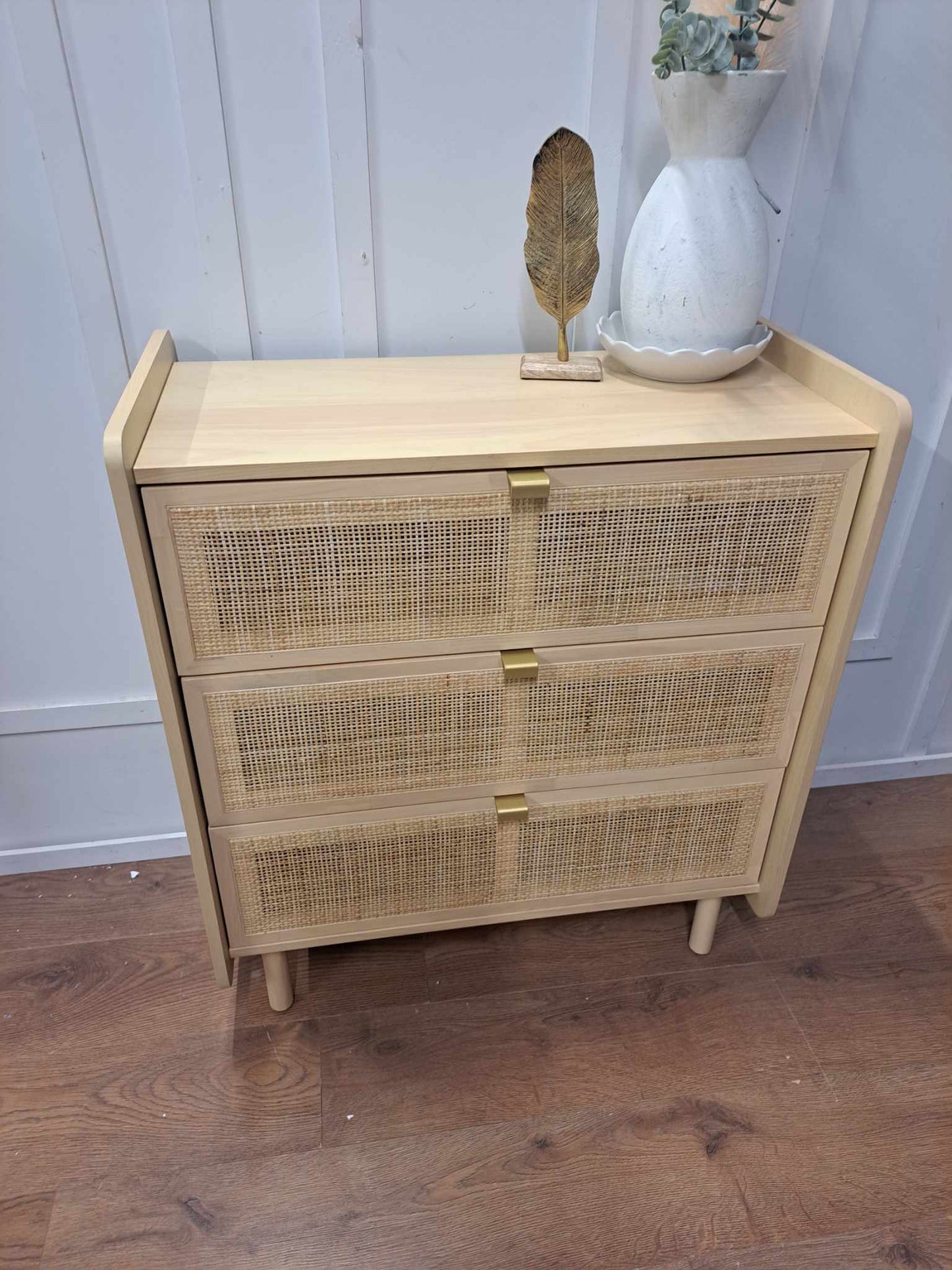 Chest of 3 Drawers Oak and Rattan