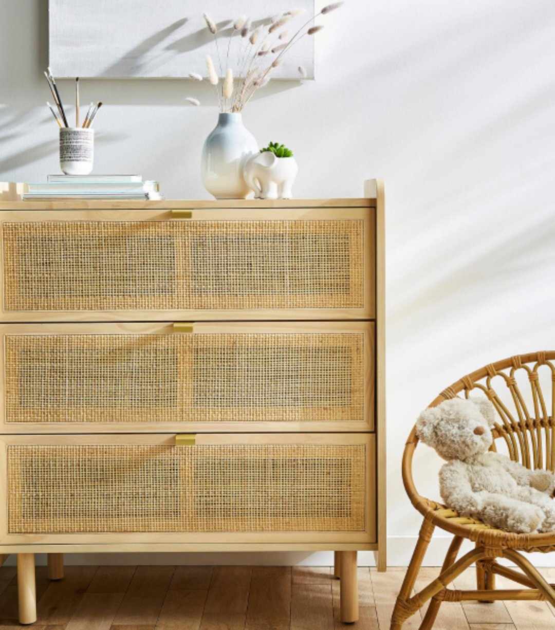 Chest of 3 Drawers Oak and Rattan