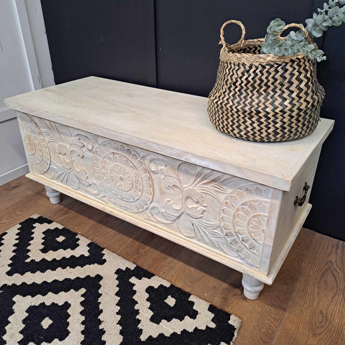 Solid Wood Carved Storage Chest / Washed White Acadia Wood Bench