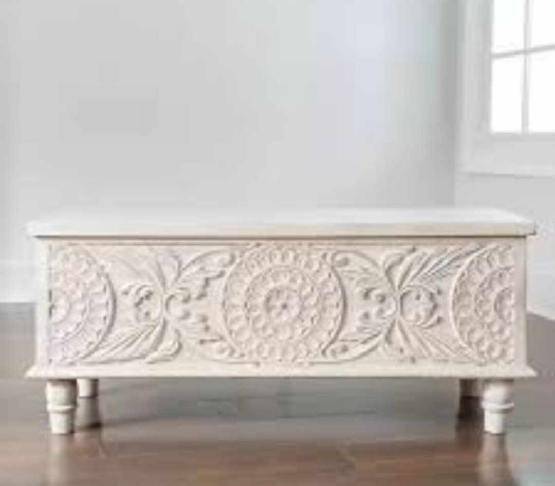 Solid Wood Carved Storage Chest / Washed White Acadia Wood Bench