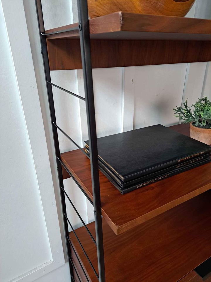 Walnut and Metal Shelving unit with doors and shelves  |  Vintage Bookcase