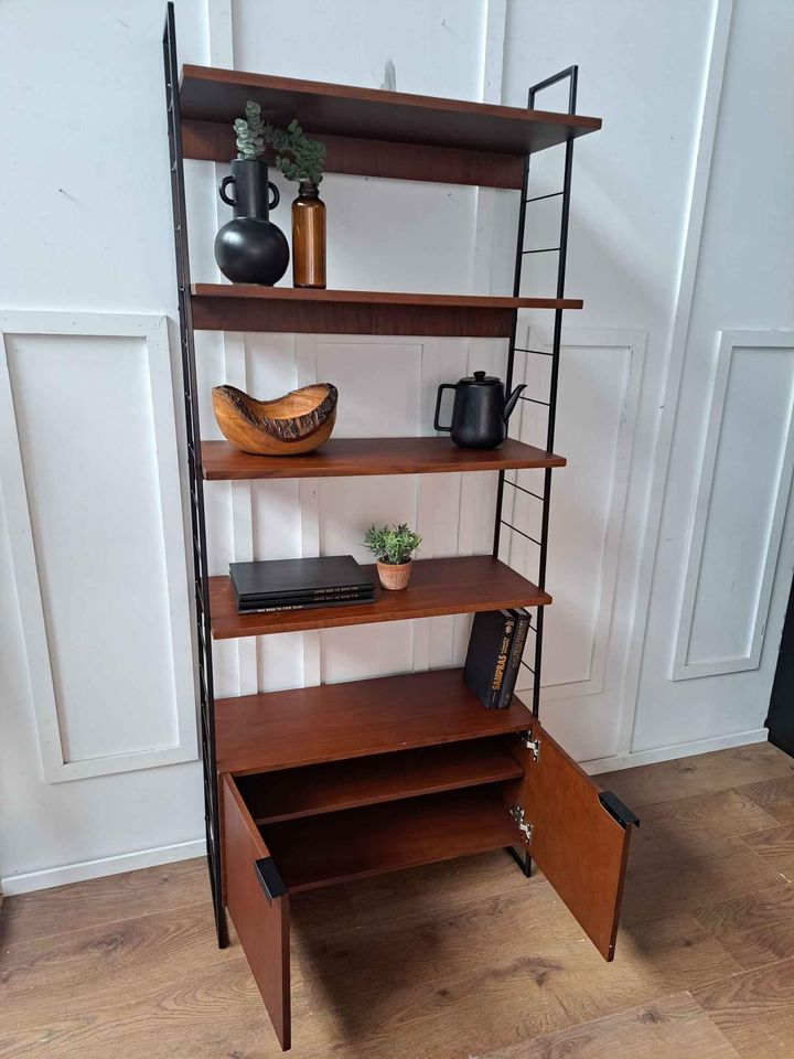 Walnut and Metal Shelving unit with doors and shelves  |  Vintage Bookcase