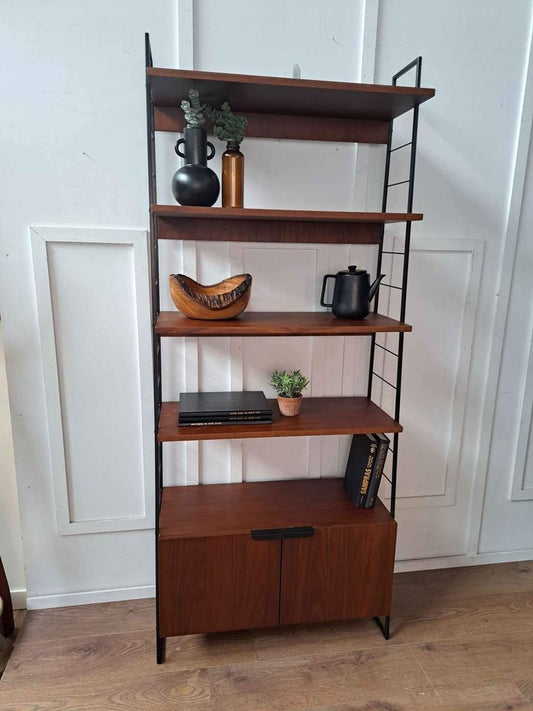 Walnut and Metal Shelving unit with doors and shelves  |  Vintage Bookcase