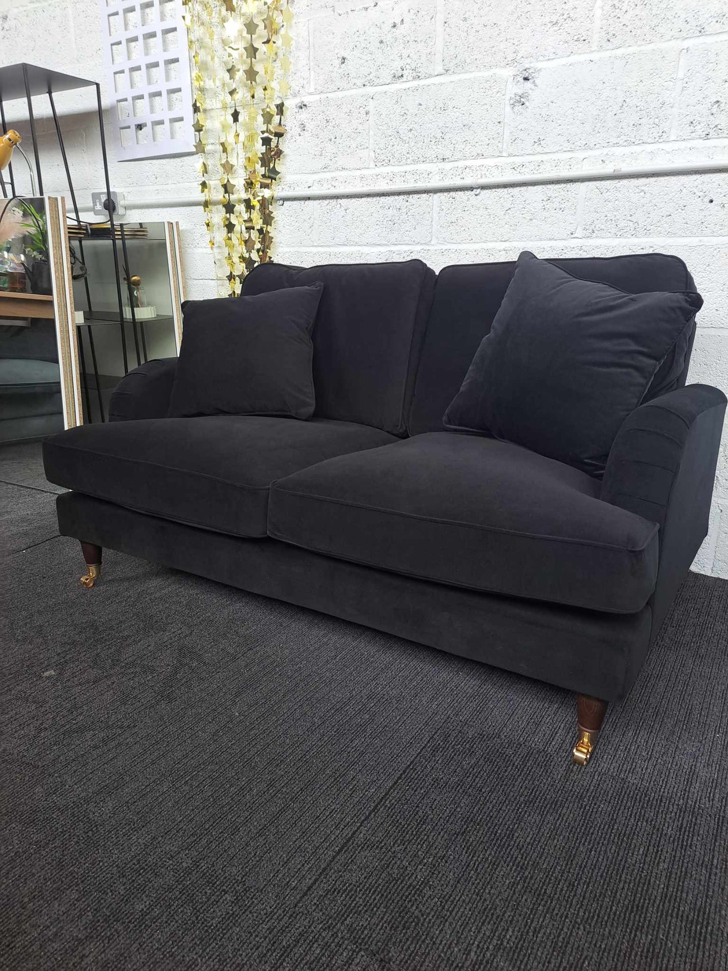 2 Seater Sofa £770 / Black Velvet and Dark Wood and Golden Castors