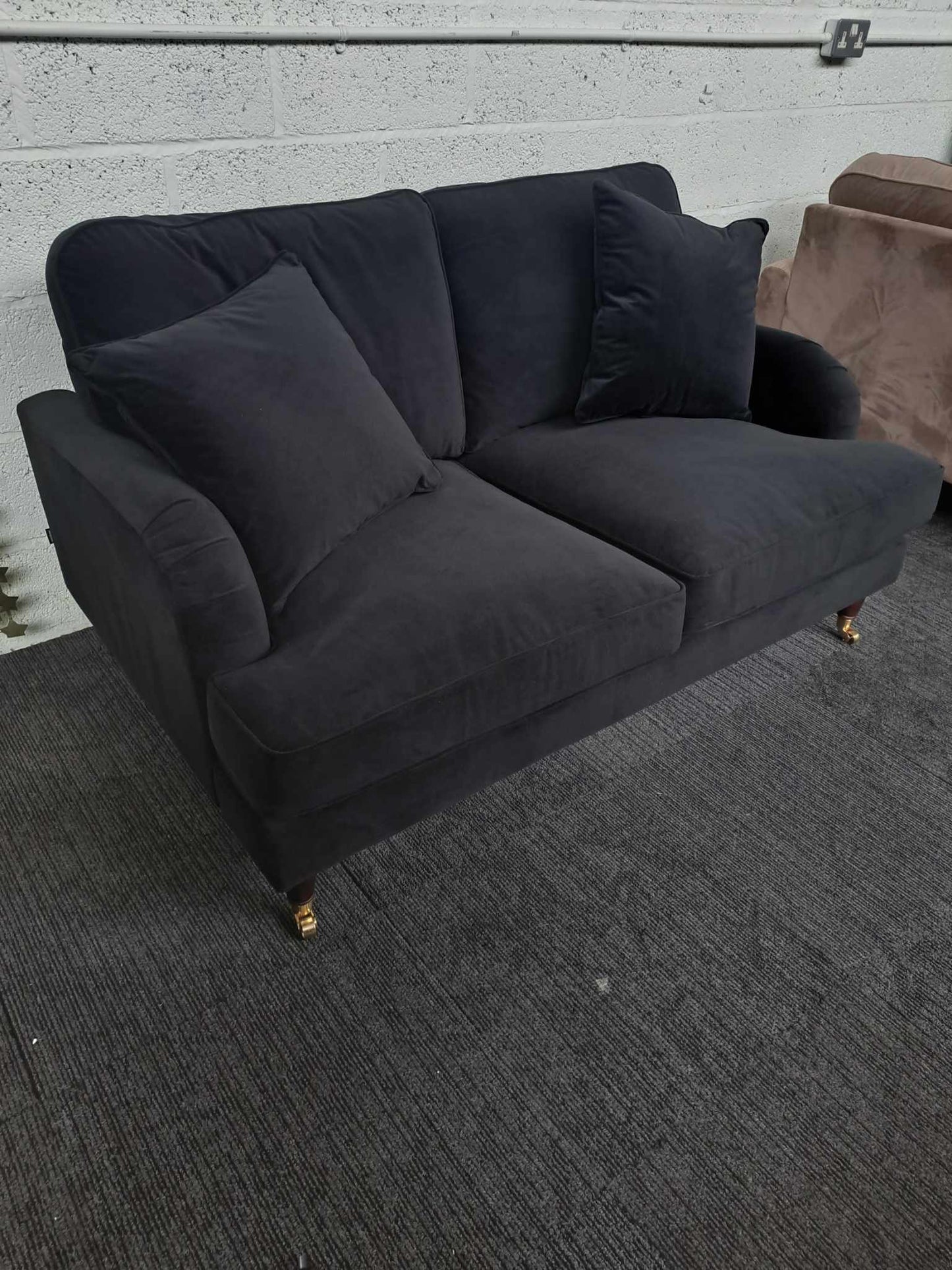 2 Seater Sofa £770 / Black Velvet and Dark Wood and Golden Castors