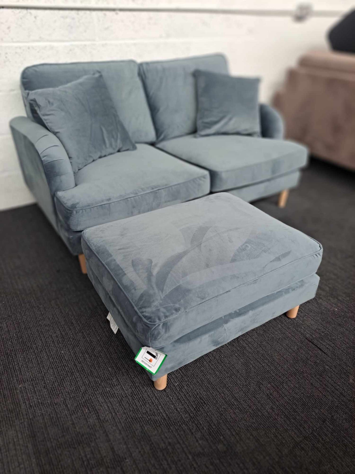 Velvet 2 Seater Sofa and Footstool Set RRP £989 / Light Blue Petrol Velvet and Oak Legs