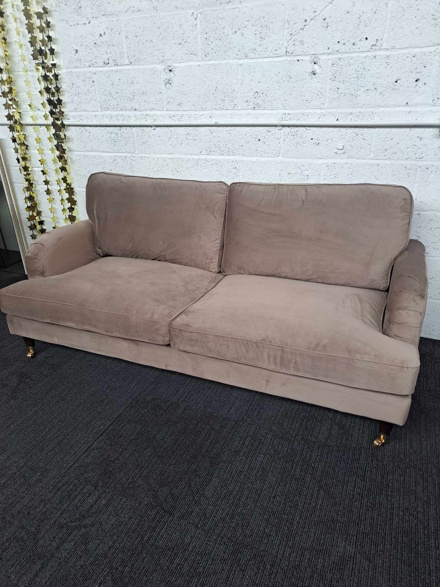 3  Seater Sofa RRP £836 / Beige velvet, dark wood and gold