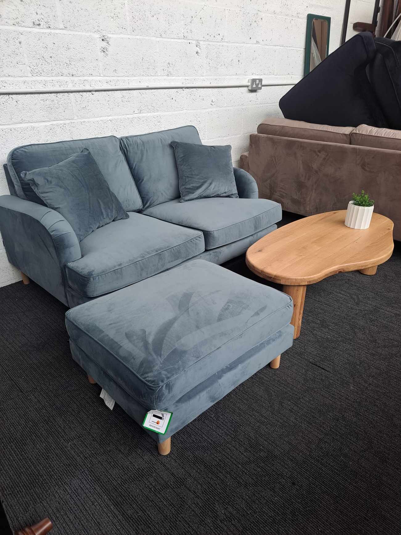 Velvet 2 Seater Sofa and Footstool Set RRP £989 / Light Blue Petrol Velvet and Oak Legs