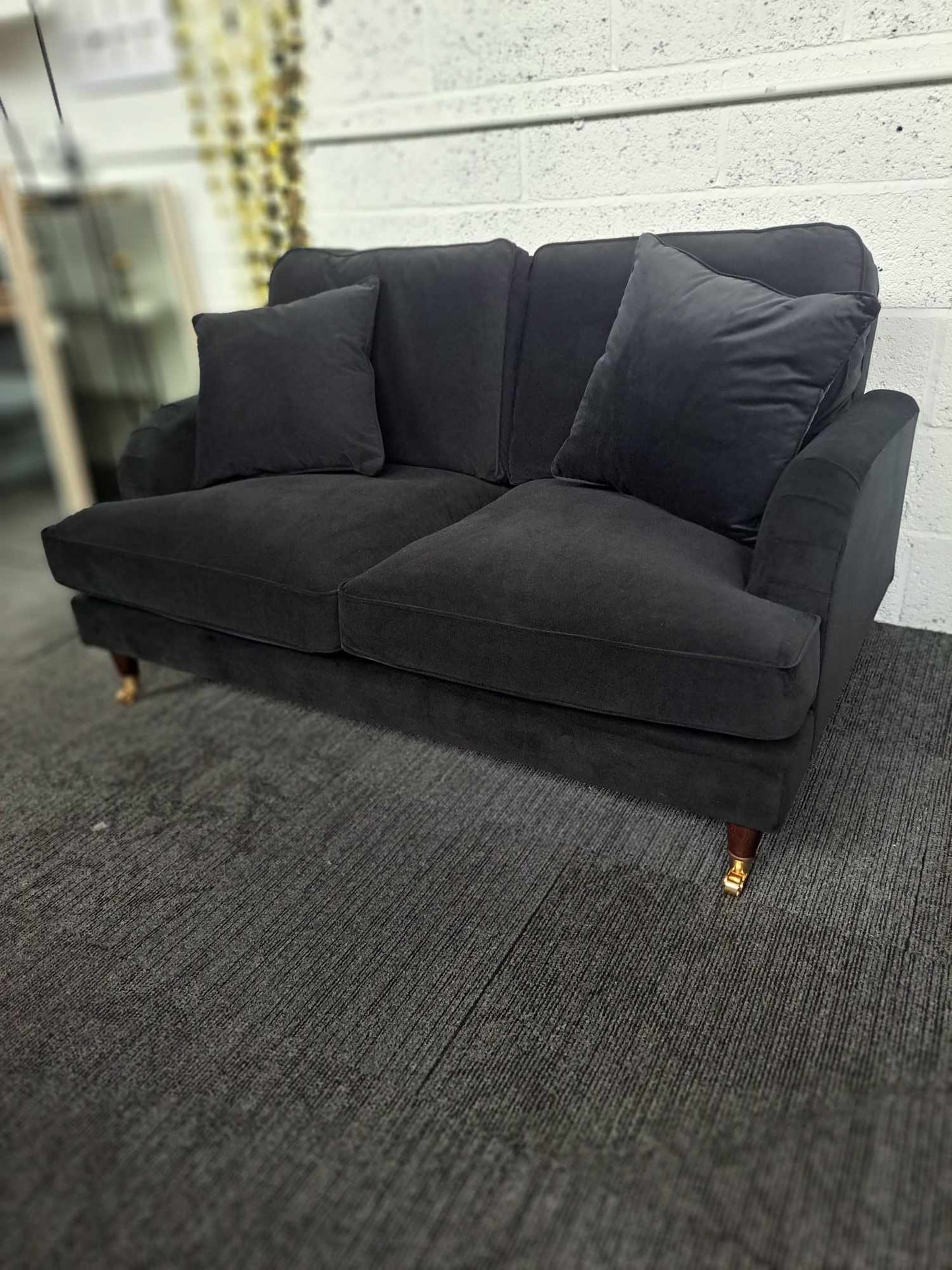 2 Seater Sofa £770 / Black Velvet and Dark Wood and Golden Castors