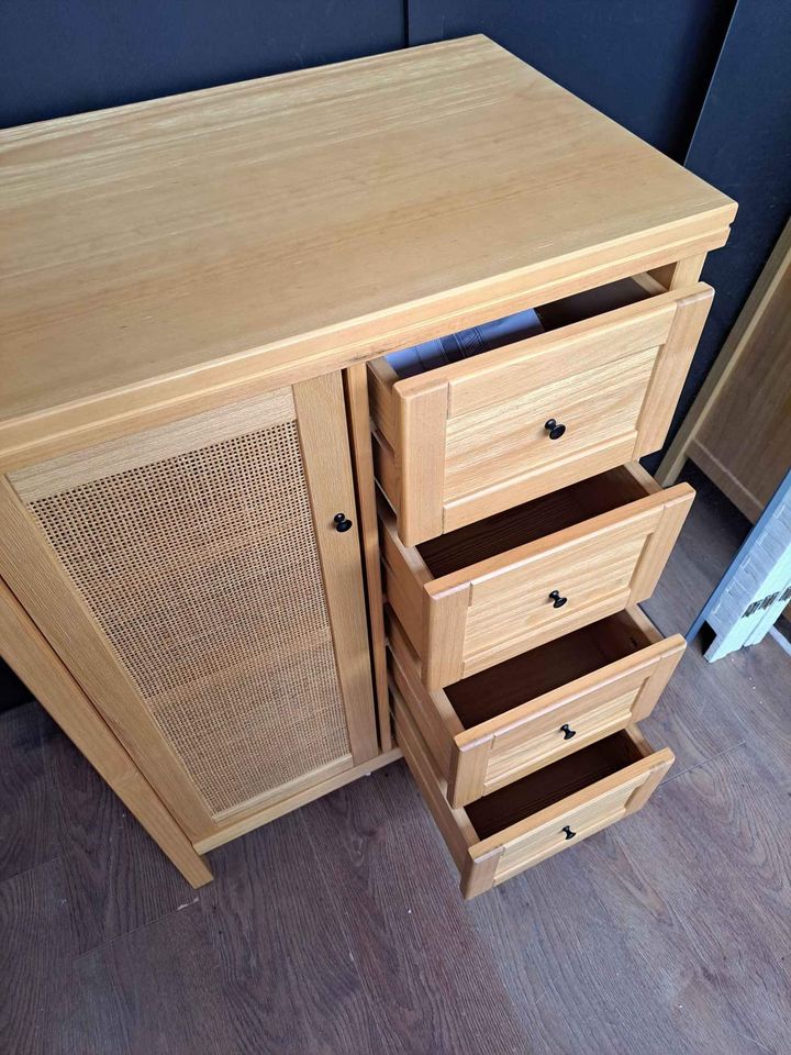 Solid wood and rattan cabinet storage unit with door and drawers