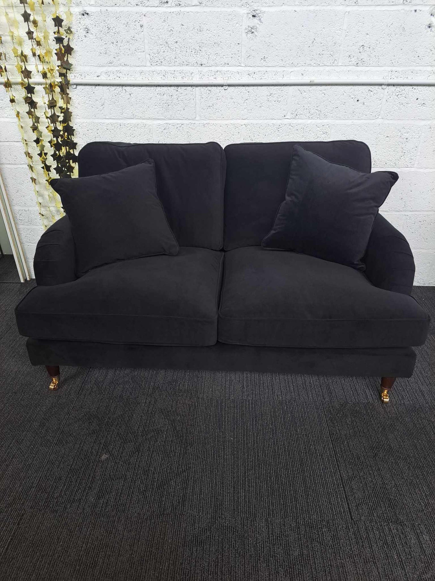 2 Seater Sofa £770 / Black Velvet and Dark Wood and Golden Castors