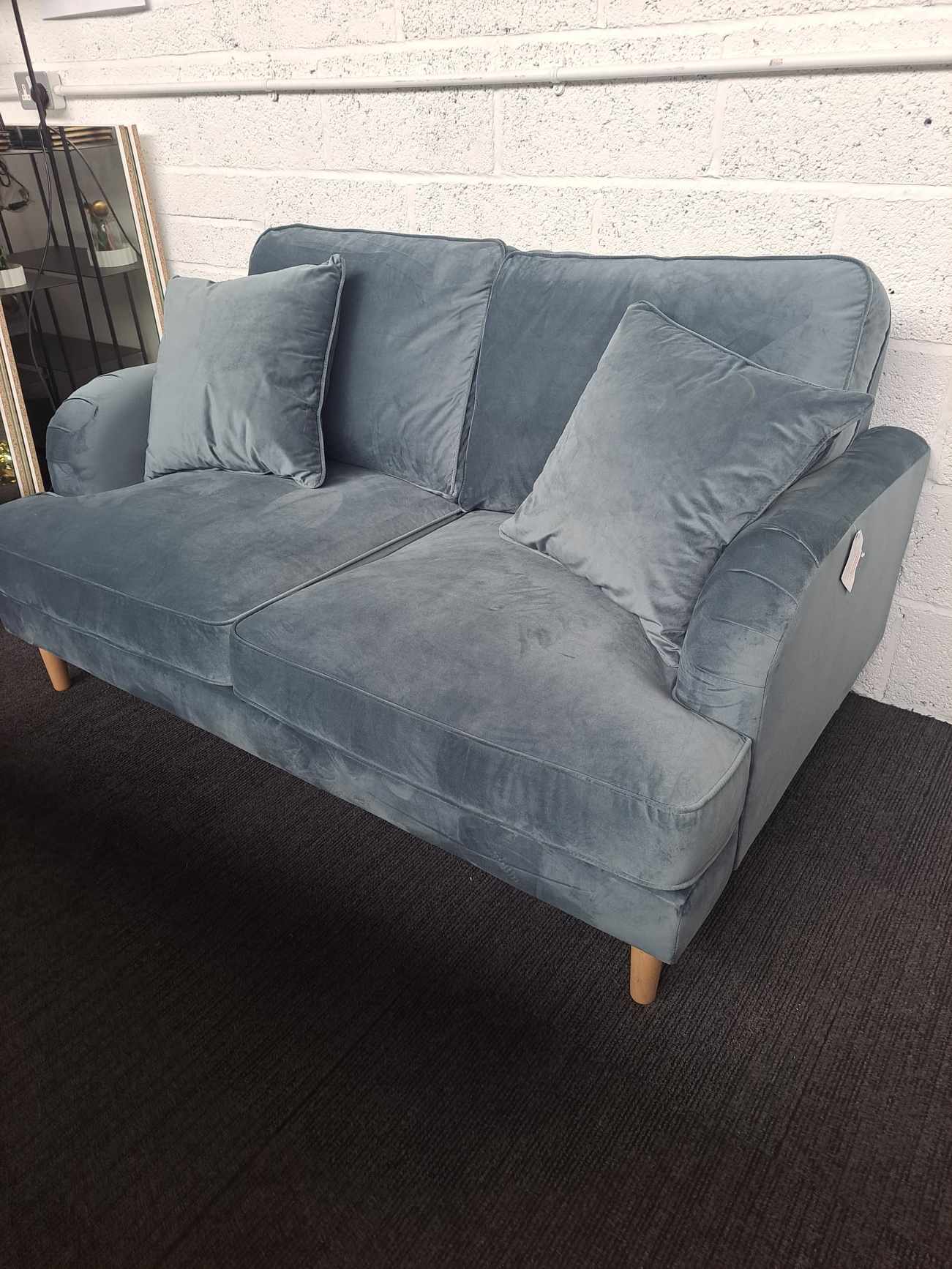 Velvet 2 Seater Sofa and Footstool Set RRP £989 / Light Blue Petrol Velvet and Oak Legs