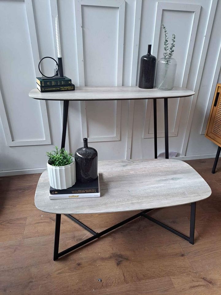 Set of Console and Coffee tables / Grey Wood Effect and Black Metal